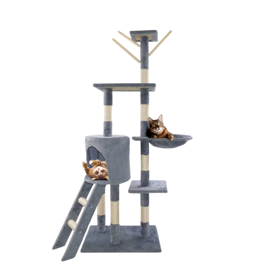Grey Cat Tree 138cm Scratching Post Tower with Condos & Ladder