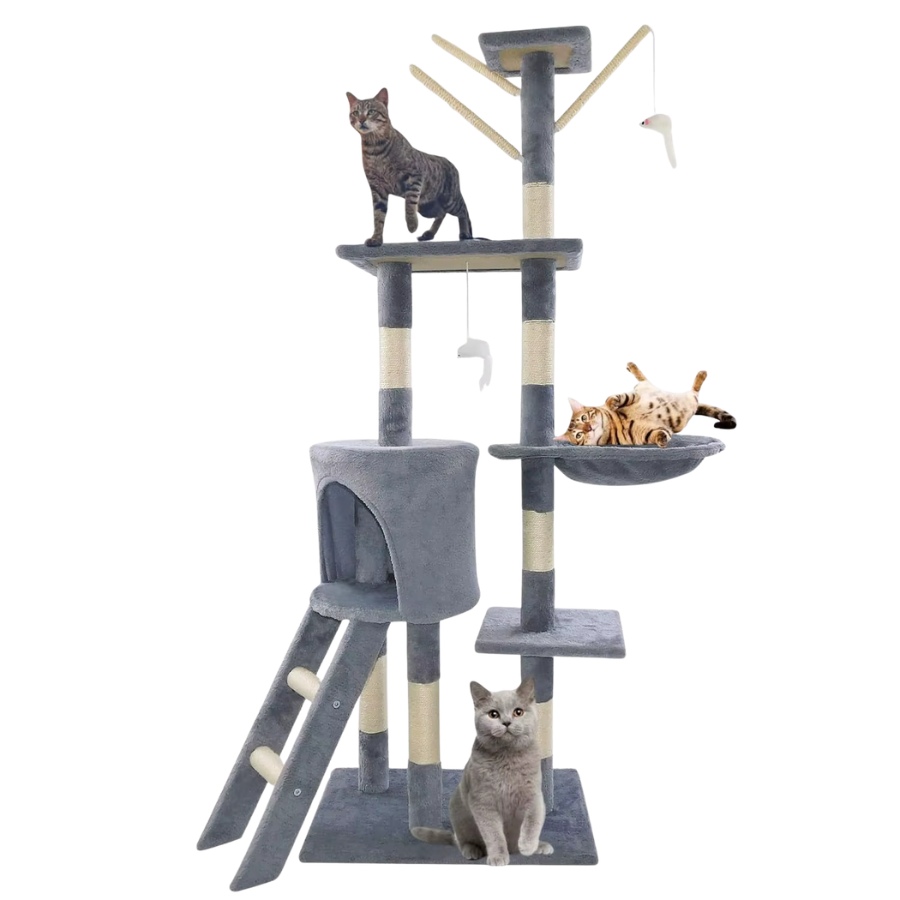 Grey Cat Tree 140cm Multi-Level Scratching Post with Hammock
