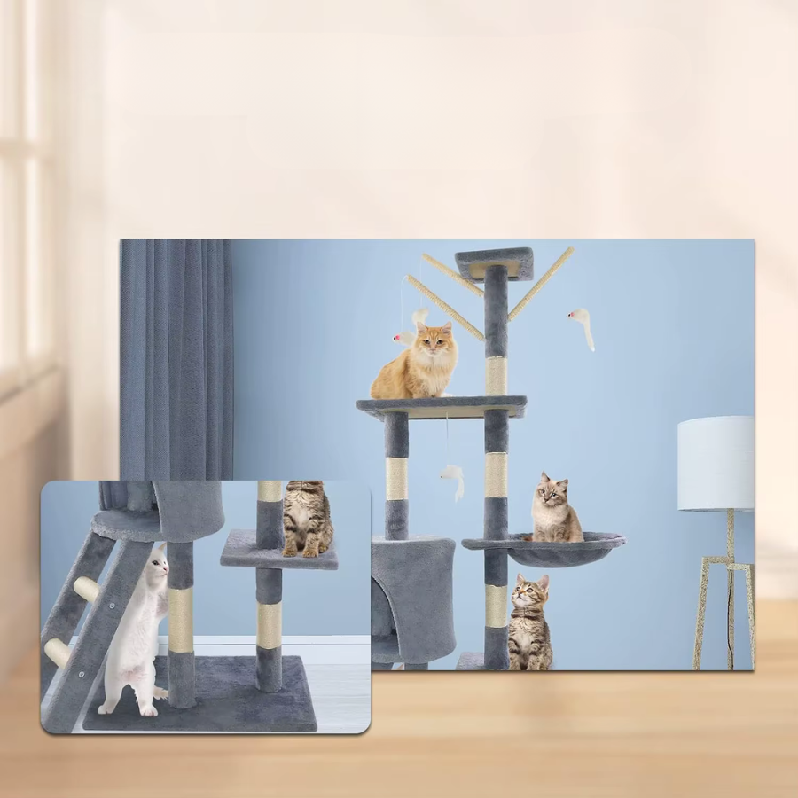 Grey Cat Tree 140cm Multi-Level Scratching Post with Hammock