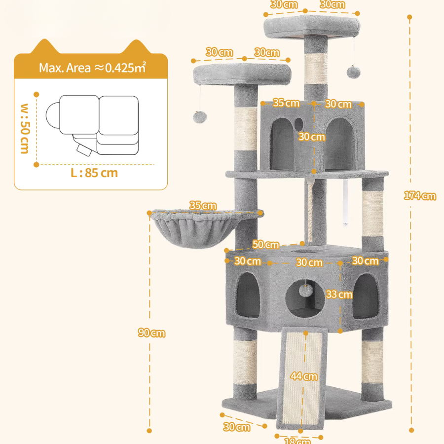 Cat Tree 174cm Large Tower with 2 Platforms & 2 Caves