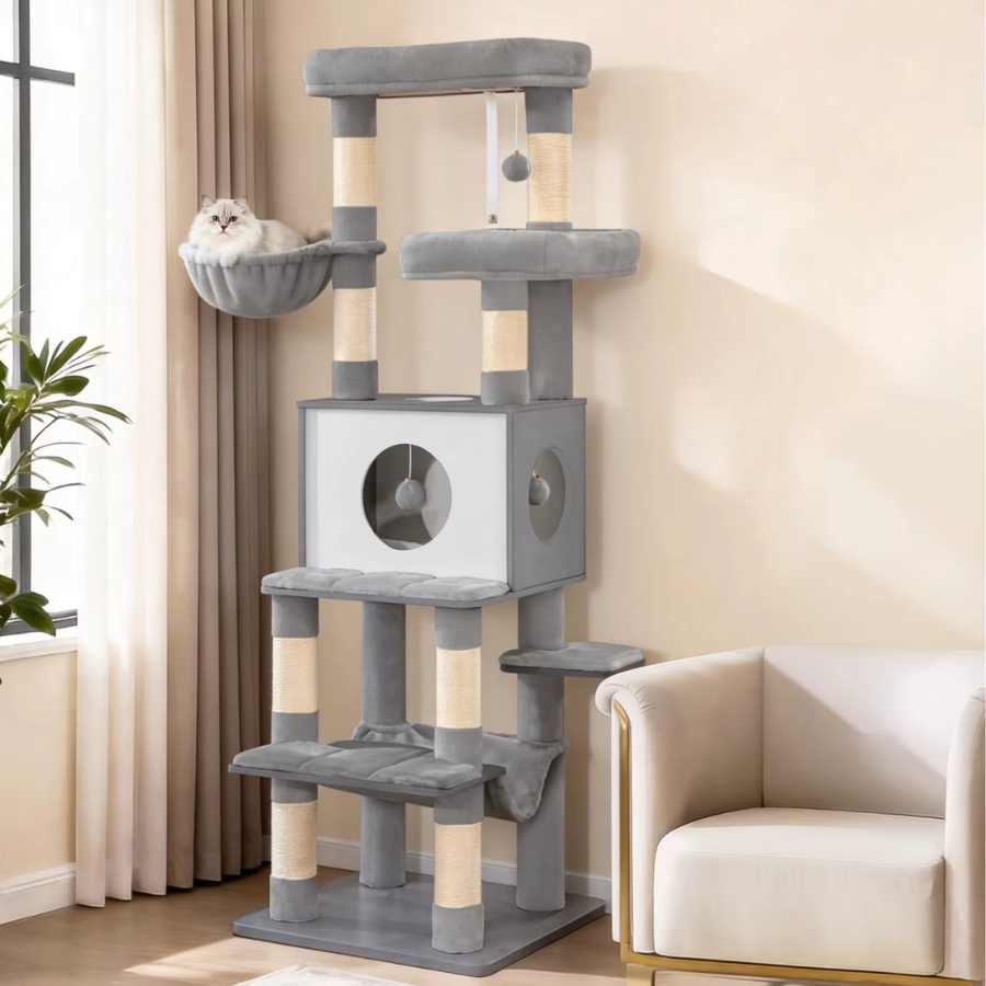 Light Grey Wooden Cat Tree 166cm with 8 Scratching Posts