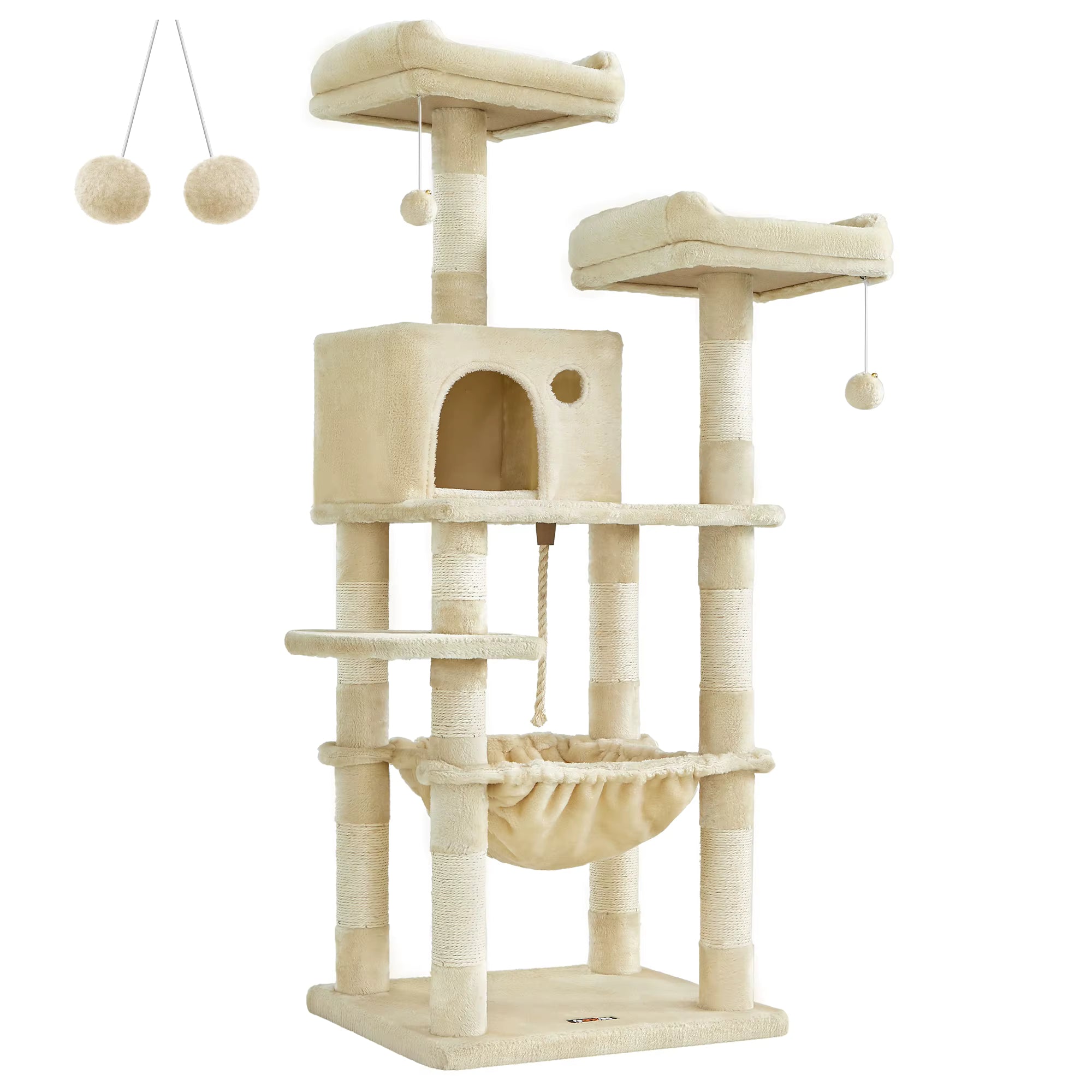 Cat Tree 143cm Stable Tower with 2 Plush Perches & Hammock