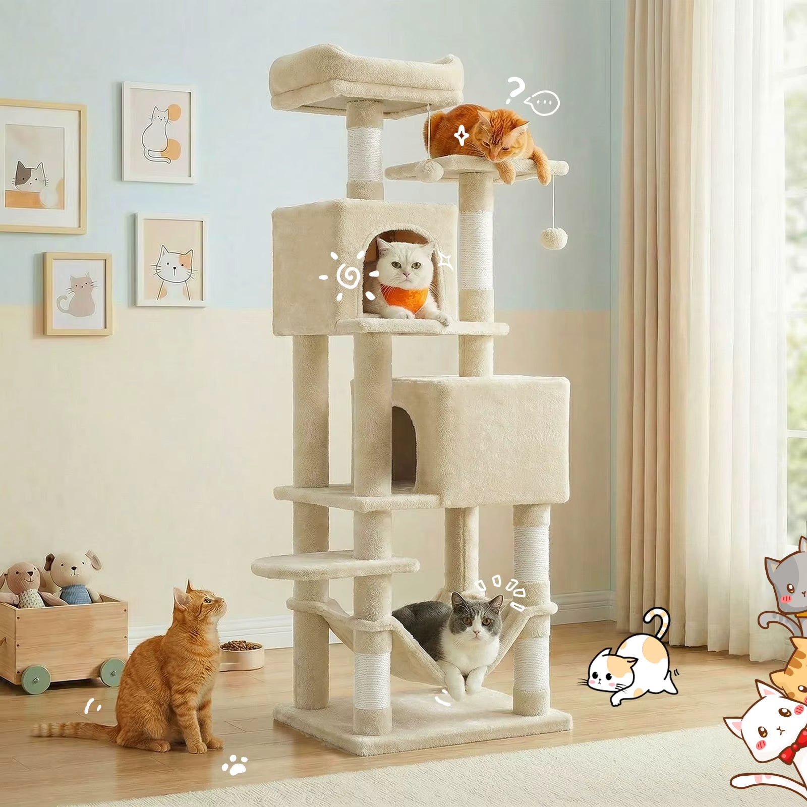 Cat Tree Tower 165cm Large Multi-Level with Hammock & Condo