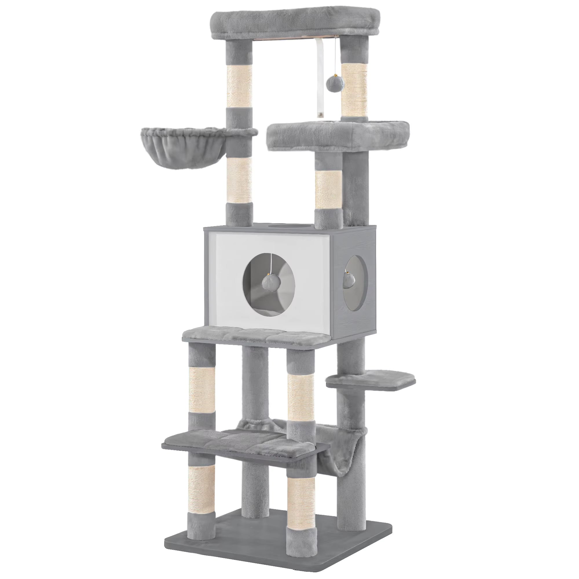 Light Grey Wooden Cat Tree 166cm with 8 Scratching Posts