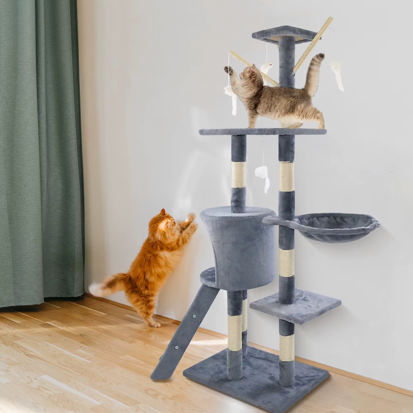 Grey Cat Tree 138cm Scratching Post Tower with Condos & Ladder