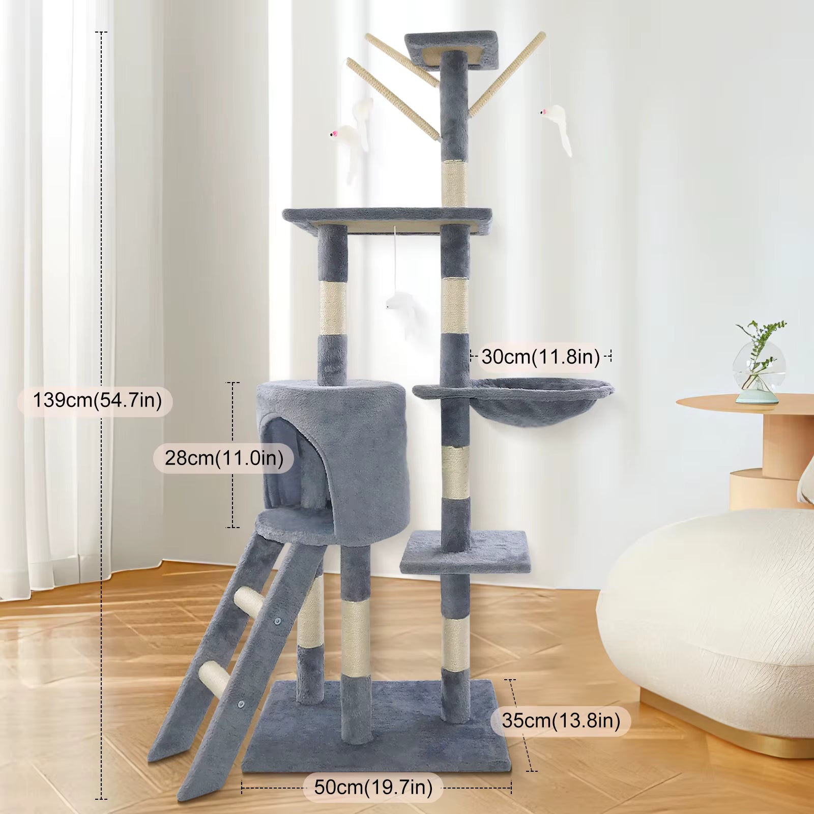 Grey Cat Tree 138cm Scratching Post Tower with Condos & Ladder