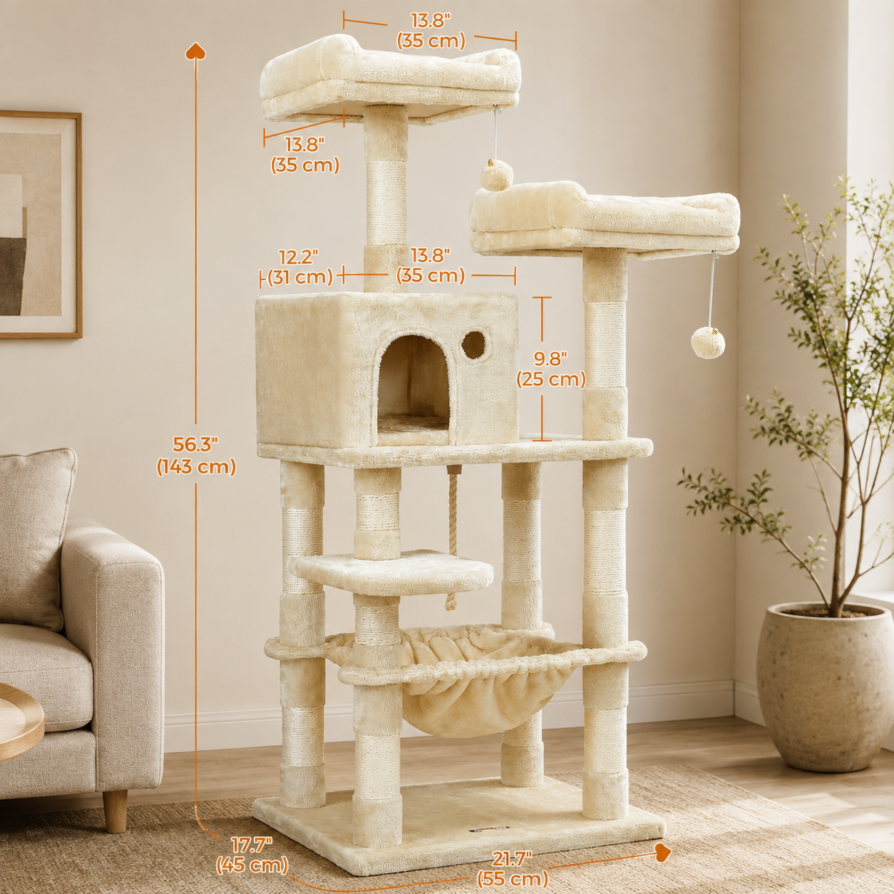 Cat Tree 143cm Stable Tower with 2 Plush Perches & Hammock