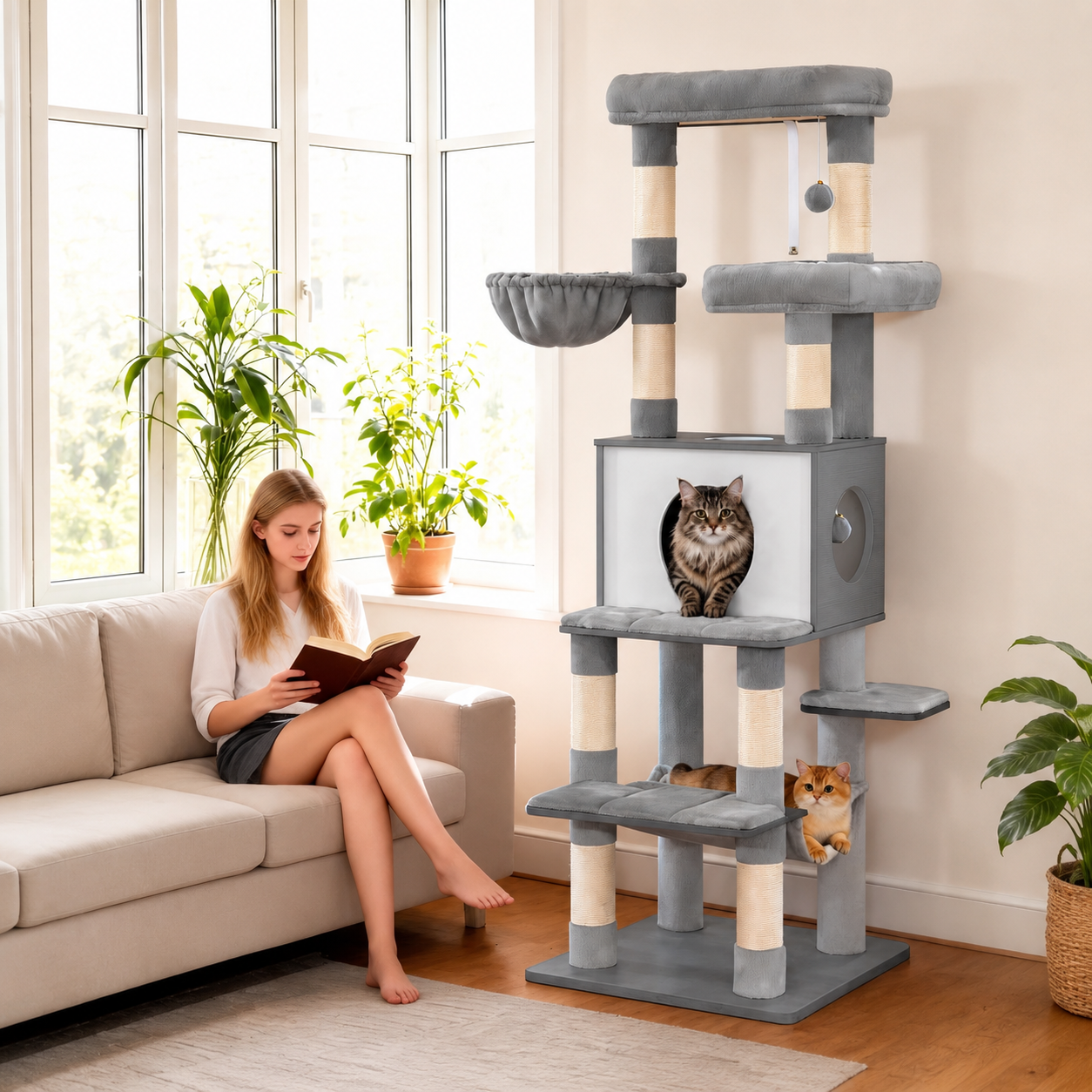 Light Grey Wooden Cat Tree 166cm with 8 Scratching Posts
