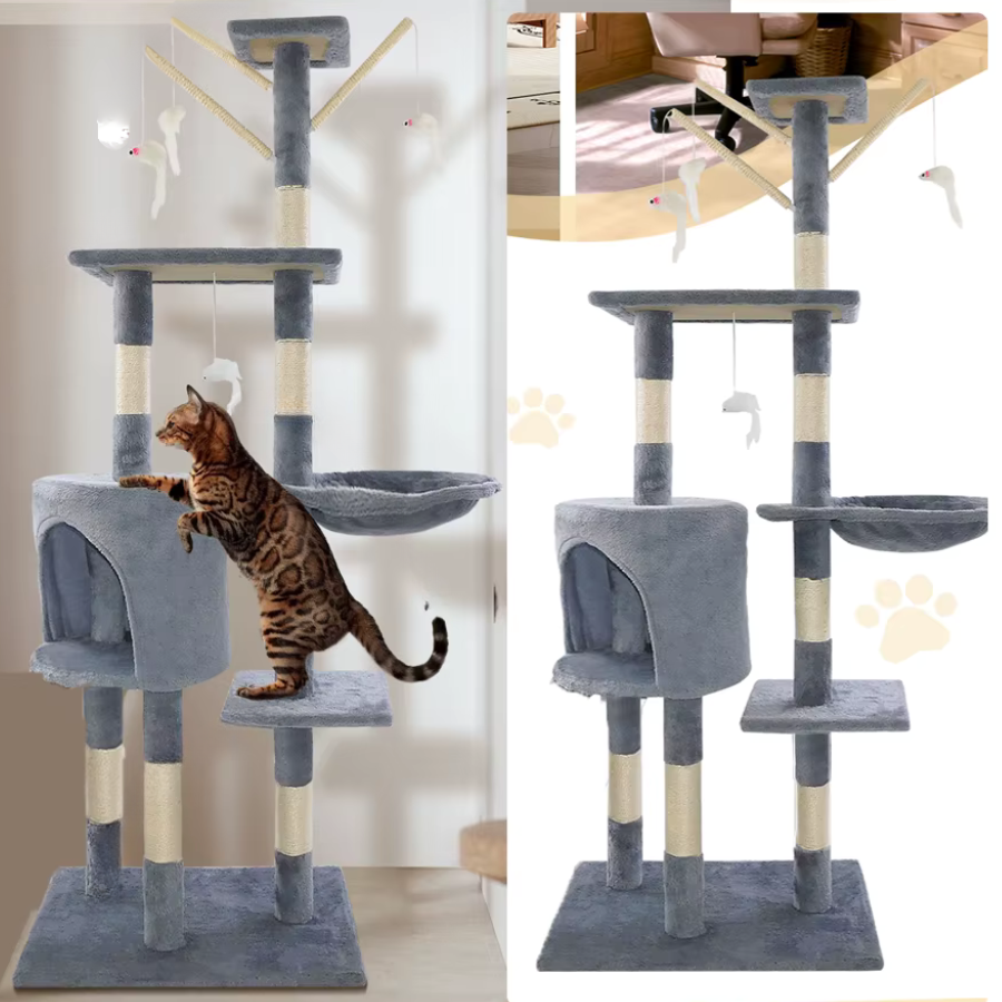 Grey Cat Tree 138cm Scratching Post Tower with Condos & Ladder