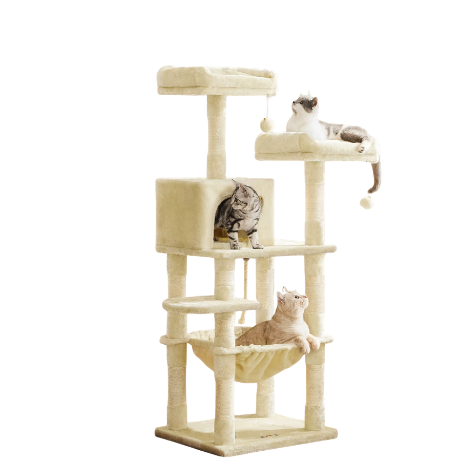 Cat Tree 143cm Stable Tower with 2 Plush Perches & Hammock