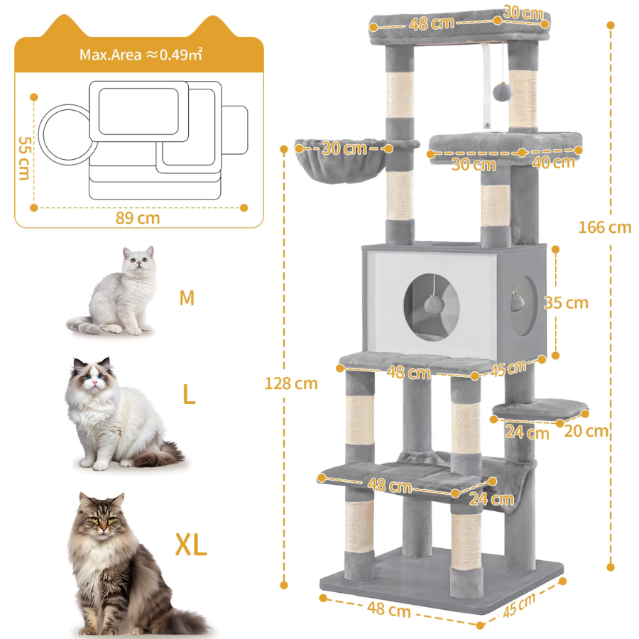 Light Grey Wooden Cat Tree 166cm with 8 Scratching Posts