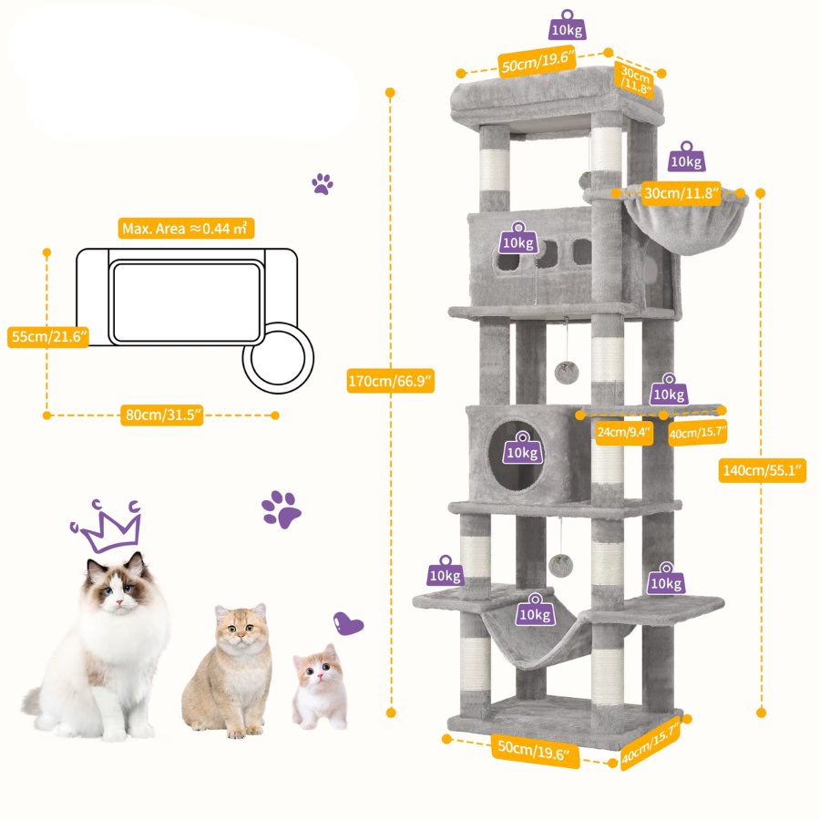 Cat Tree 170cm Large Multi-Level Tower with Condo & Hammock