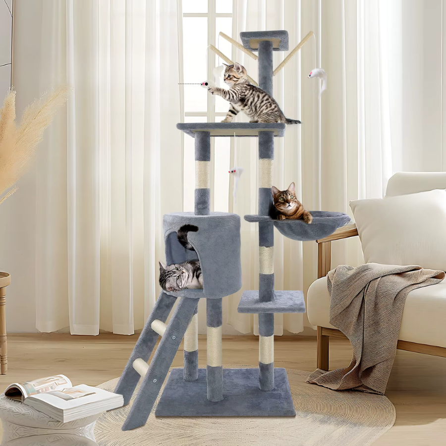 Grey Cat Tree 138cm Scratching Post Tower with Condos & Ladder