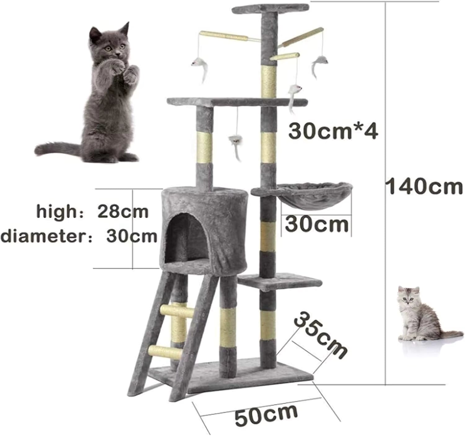 Grey Cat Tree 140cm Multi-Level Scratching Post with Hammock